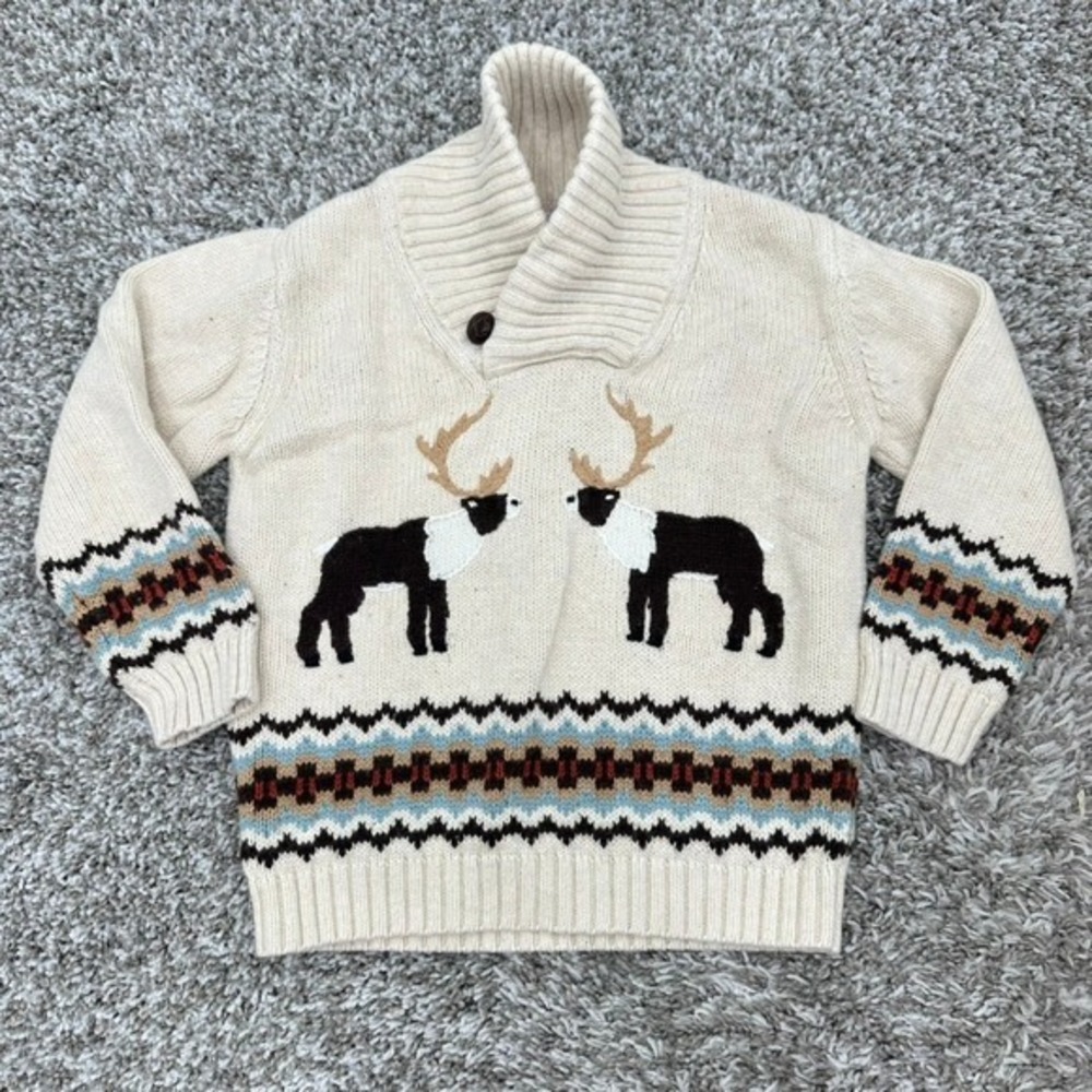 Janie and Jack Kids Fall Winter Knit Sweater 3T Shawl‎ Collar Reindeer Fair Isle